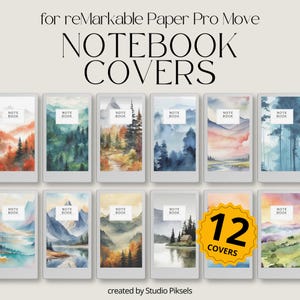 May include: A collection of 12 notebook covers for reMarkable Paper Pro Move. Each cover features a watercolor landscape design, including forests, mountains, and lakes. The covers are in various colors, including green, blue, orange, and yellow. The text "NOTE BOOK" is on each cover.