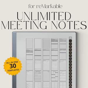 May include: A digital notepad with a gray frame and a black and gray stylus. The screen displays 30 different meeting note templates, with the text "UNLIMITED MEETING NOTES" at the top and "ALL IN ONE 30 TEMPLATES" in a yellow starburst at the bottom left.