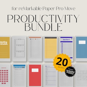 Puede incluir: Un paquete de productividad digital para reMarkable Paper Pro Move. La imagen muestra una colección de cuadernos digitales con varios diseños, incluyendo páginas rayadas, de cuadrícula y de lista de verificación. El paquete incluye 20 artículos y un rompecabezas Sudoku de bonificación.