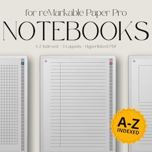 May include: Three digital notebook pages for the reMarkable Paper Pro tablet. The pages are labeled with the letters A-Z and include a grid, lined, and blank layout. The text "A-Z Indexed" is displayed in a yellow starburst.