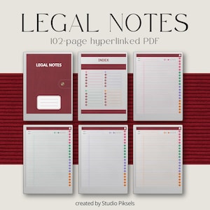 Puede incluir: Un conjunto de páginas de notas legales imprimibles con una portada roja y una página de índice. Las páginas están rayadas y tienen un sistema de pestañas de colores. El texto "LEGAL NOTES" está en la portada y el texto "102-page hyperlinked PDF" está debajo de la portada. El texto "created by Studio Piksels" está en la parte inferior de la imagen.