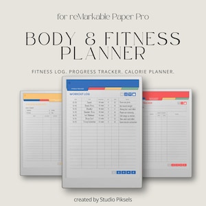 May include: A digital fitness planner for reMarkable Paper Pro. The planner includes a workout log, progress tracker, and calorie planner. The cover features the text "BODY & FITNESS PLANNER". The planner is designed with a clean, minimalist aesthetic.