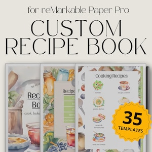 Puede incluir: Un conjunto de tres plantillas de libro de recetas digitales para la tableta reMarkable Paper Pro. Las plantillas presentan ilustraciones de acuarela de comida y artículos de cocina. El texto en las plantillas dice "Recetas de cocina" y "35 plantillas".