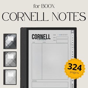 May include: A black and white e-reader with a gray screen displaying a Cornell note-taking template. The template has sections for cues, notes, and a summary. The e-reader has a label that says "CORNELL notes" and a yellow circle with the text "324 pages".