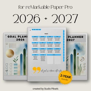 Doelplanner voor 2026 en 2027 voor reMarkable Paper Pro, jaarkalender, maandelijks focusdashboard, gewoonte-tracker, notities (pdf), doelen-tracker