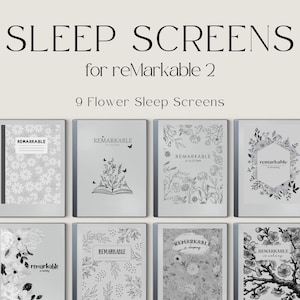 以下が含まれることがあります： reMarkable 2電子書籍リーダー用の、黒と白の花をテーマにした9つのスリープスクリーン。画面にはさまざまな花のデザインと「reMarkable is sleeping」というテキストが表示されています。