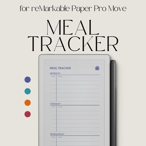 May include: A digital meal tracker displayed on a tablet, with the words "MEAL TRACKER" in large, bold letters. The screen shows a weekly meal plan layout with sections for each day. A stylus is positioned to the right, and colorful dots are on the left.