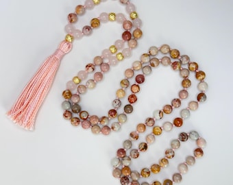 Hidden Valley Jasper and Rose Quartz Mala, 108 Beads, Hand-Knotted, Gold Accents