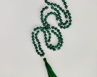 Malachite Mala, 108 Beads, Hand-Knotted with Silver Accents