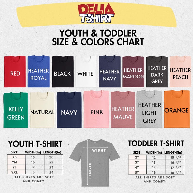 youth and toddler size and colors chart