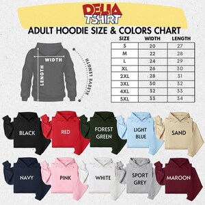 May include: An adult hoodie size and colour chart with a grey hoodie illustration and measurements. The chart lists sizes S to 5XL with corresponding width and length in inches. Colours include black, red, forest green, light blue, sand, navy, pink, white, sport grey, and maroon.