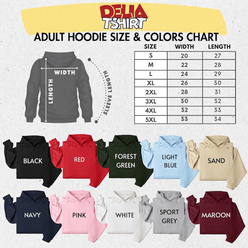 May include: An adult hoodie size and colour chart with a grey hoodie illustration and measurements. The chart lists sizes S to 5XL with corresponding width and length in inches. Colours include black, red, forest green, light blue, sand, navy, pink, white, sport grey, and maroon.
