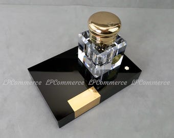 Montblanc brass and crystal inkwell with vintage fountain pen inkwell base