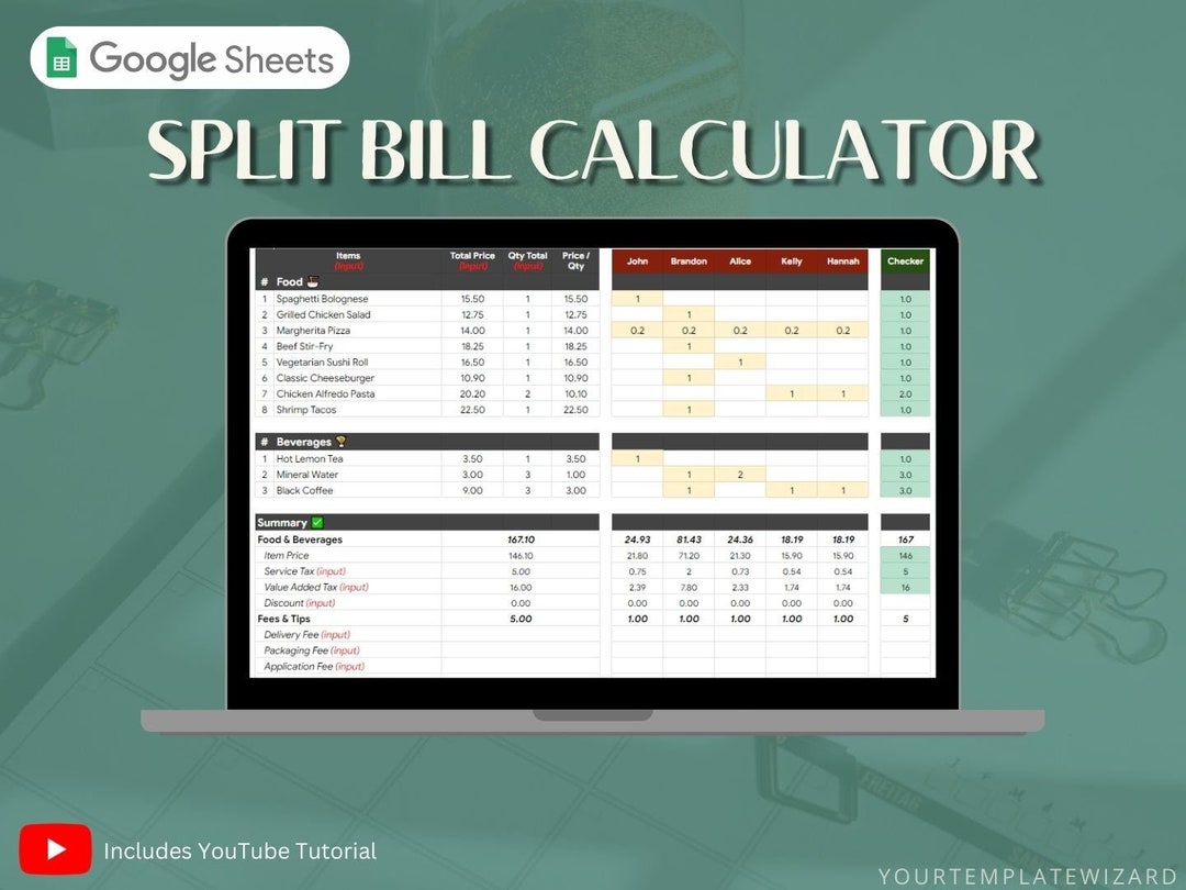 Google Sheets Template, Split Bill Calculator - Etsy