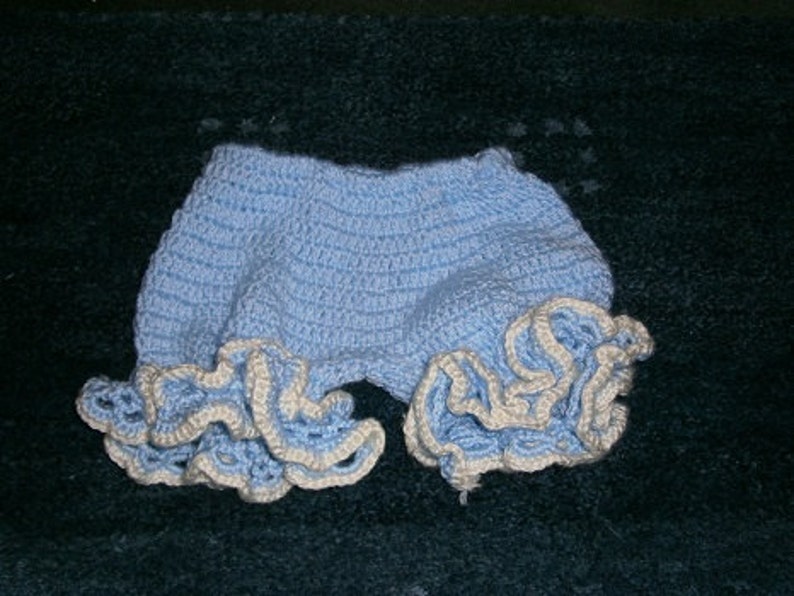 Elastic waist Baby Blue hand crochet Dress size 6-12 Months with matching Hat and Bloomers trimmed with matching flower
