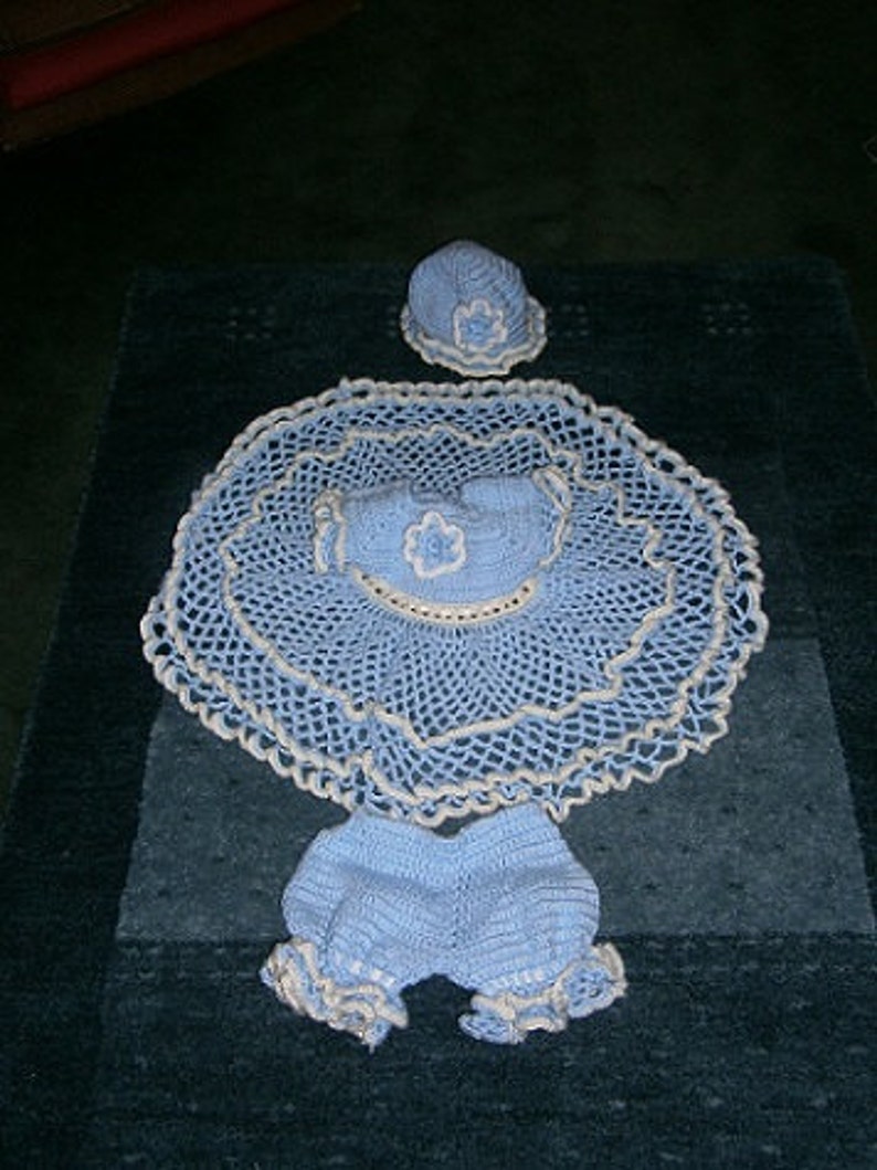 Elastic waist Baby Blue hand crochet Dress size 6-12 Months with matching Hat and Bloomers trimmed with matching flower