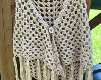 Beige Crochet Granny Shawl, Hippie 70's Shawl, Boho Shawl