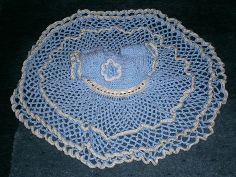 Elastic waist Baby Blue hand crochet Dress size 6-12 Months with matching Hat and Bloomers trimmed with matching flower