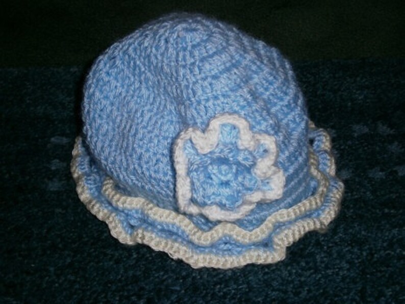 Elastic waist Baby Blue hand crochet Dress size 6-12 Months with matching Hat and Bloomers trimmed with matching flower