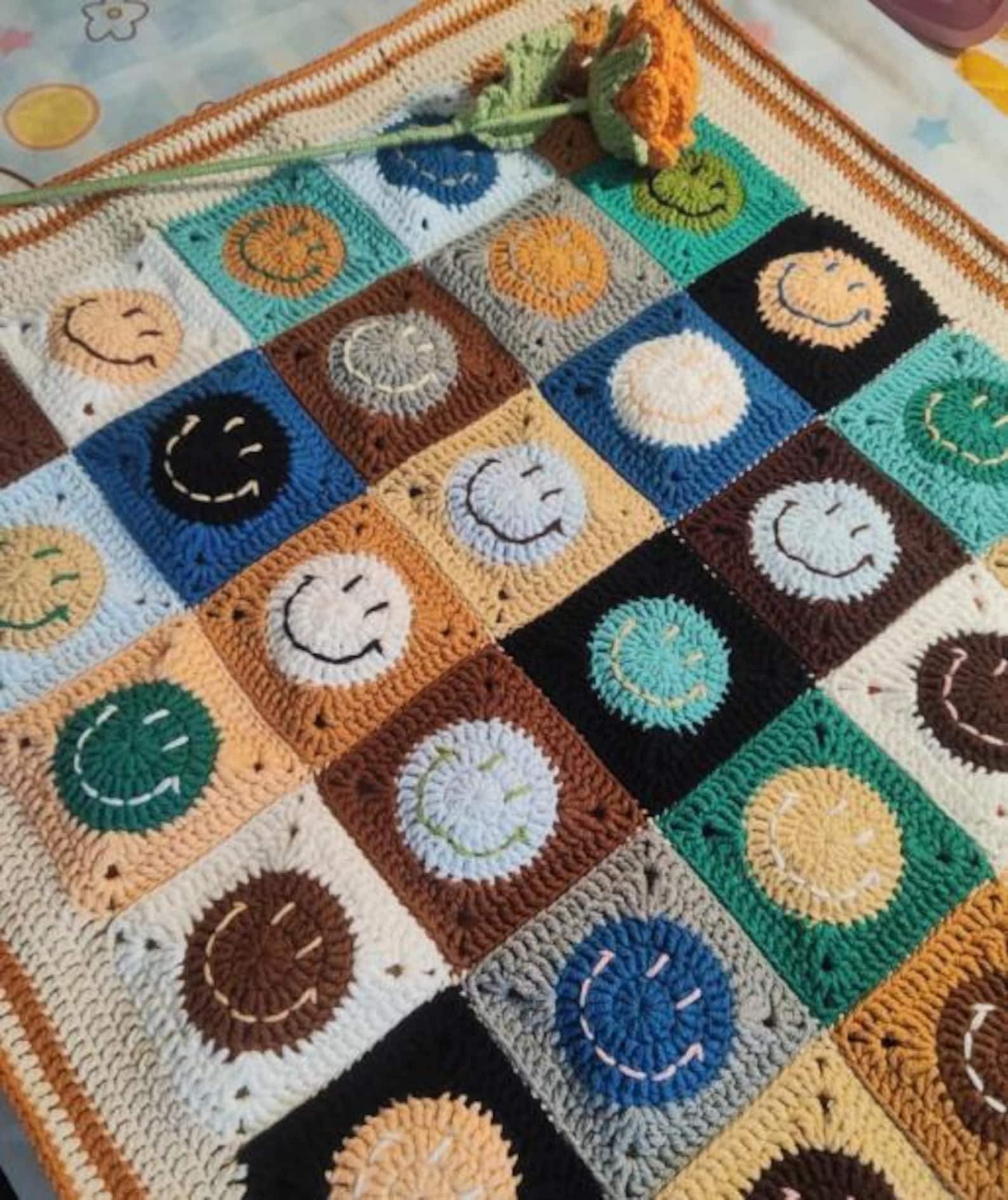 Smiley Face Granny Square Blanket Crochet Pattern, Baby Blanket Crochet ...