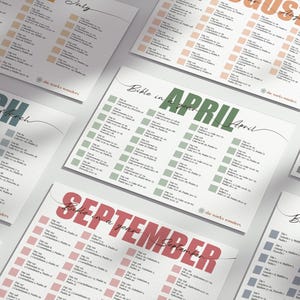 May include: Several printed Bible reading charts, each displaying a month's name in bold text. The charts have a grid of checkboxes and Bible verses. The colour scheme includes green, pink, blue, and orange, with the text "Bible in a year".