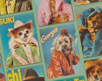 Custom 70s Retro Pet Portrait, Iconic Fashion Dog Portrait, Pet Gift, Dog Retro Portrait, Personalized Pet Portrait, Vintage Funny