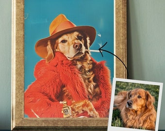 Custom Golden Retriever Portrait, Funny Dog Portrait, Pet Gift, Retro Painting, Digital art, vintage Home Decor, Poster Canvas Print