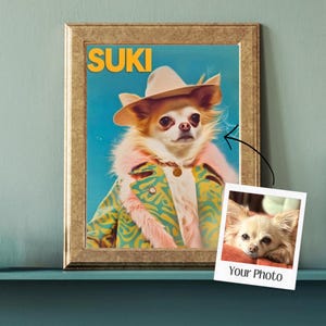 Framed custom portrait of a Chihuahua named "Suki," styled in a retro fashion look with a wide-brimmed hat, green patterned coat, and pink faux fur trim. A small Polaroid-style inset photo shows the original image of the dog, resting on a blanket. The artwork features a vibrant blue background and bold yellow text spelling the pet's name.