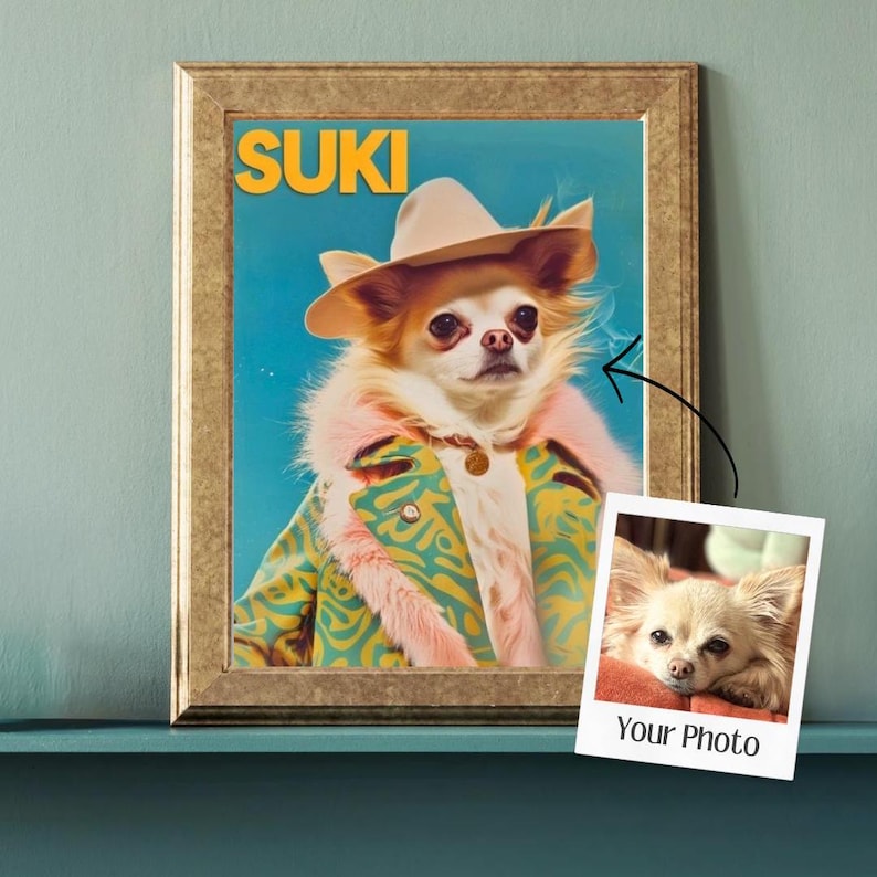Framed custom portrait of a Chihuahua named "Suki," styled in a retro fashion look with a wide-brimmed hat, green patterned coat, and pink faux fur trim. A small Polaroid-style inset photo shows the original image of the dog, resting on a blanket. The artwork features a vibrant blue background and bold yellow text spelling the pet's name.