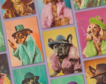 Puede incluir: Un collage de nueve imágenes con perros que llevan diferentes sombreros y accesorios. Los perros están vestidos con una variedad de estilos, incluyendo un abrigo de piel rosa, un abrigo de piel verde y un abrigo de piel azul. Los perros llevan todos sombreros, incluyendo un fedora, un sombrero de vaquero y un sombrero de copa. Los perros están todos mirando a la cámara.