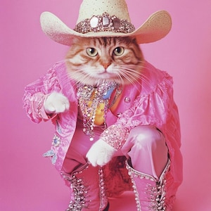 Vintage Cowboy Katze Portrait, Retro Western Haustier Kunst, witziges Vintage Katzenportrait, 70er Jahre Stil, Pastell Dopamin Mid Century