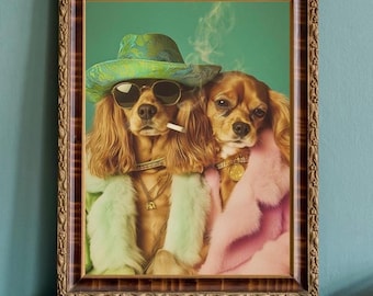 May include: Two dogs wearing stylish outfits. One dog is wearing a green hat and sunglasses, while the other dog is wearing a pink fur coat. The dogs are posed against a green background.