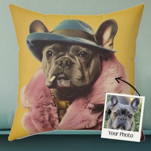 Coussin rétro personnalisé pour portrait d'animal de compagnie des années 70, emblématiques articles de maison pour chien à la mode gangster drôle, cadeau pour animal de compagnie, décoration dopamine personnalisée, vintage amusant