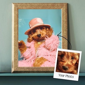 May include: A brown dog wearing a pink fur coat and a pink hat. The dog is sitting in a framed photo with a blue background. The photo is on a shelf with a blue surface.