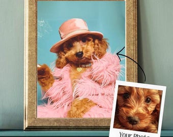 May include: A brown dog wearing a pink fur coat and a pink hat. The dog is sitting in a framed photo with a blue background. The photo is on a shelf with a blue surface.