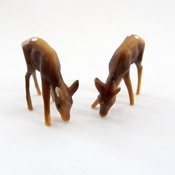 Vintage Miniature Plastic Deer / Set of 2 / Craft figurine, New Old Stock, Dark Brown Feeding Deer