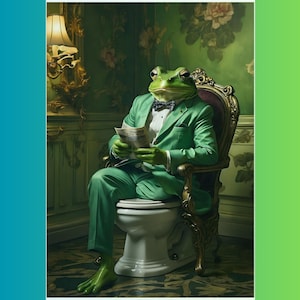 Könnte beinhalten: Ein skurriles Bild eines Frosches in einem grünen Anzug, der auf einer Toilette sitzt und eine Zeitung liest. Der Frosch trägt eine Fliege und befindet sich in einem luxuriösen Badezimmer mit aufwendiger Einrichtung. Das Thema ist humorvoll und surreal.