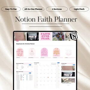 Puede incluir: Una interfaz digital de planificador de fe Notion con un panel para estudio bíblico, reflexión eclesiástica, oración y escrituras. El diseño incluye un rastreador de hábitos mensual y semanal, un calendario de eventos y metas cristianas.