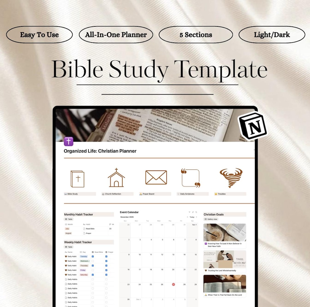 Notion Bible Template Study Guide & Prayer Journal Sermon Notes