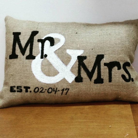 Burlap MR. & MRS. pillow with optional EST date Etsy
