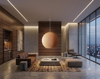 Designerlampenkap Polaris 300, moderne bolvormige hanglamp, hanglamp gemaakt van biomateriaal, moderne plafondverlichting lifestyle Soho NY