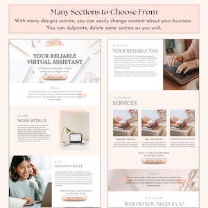 Könnte beinhalten: Eine Website-Landingpage mit einem rosa-weißen Farbschema. Die Seite bietet eine Vielzahl von Abschnitten, darunter "Ihr zuverlässiger virtueller Assistent", "Arbeiten Sie mit uns", "Dienstleistungen" und "Warum brauchen Sie einen VA?" Die Seite enthält auch Bilder einer Frau, die an einem Laptop arbeitet, eines Schreibtisches mit Bürobedarf und eines Laptops mit einem Blumenarrangement.