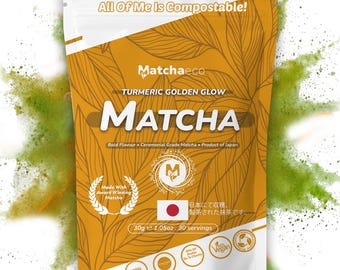 Matchaeco / Té verde Matcha ceremonial en polvo: Cúrcuma con brillo dorado, auténtico, molido en piedra, cultivado en Japón, ingredientes naturales.