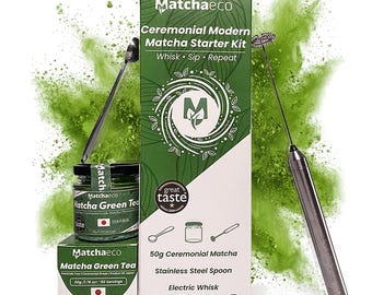 Set de inicio para Matchaeco/Matcha: auténtico matcha japonés de grado ceremonial, batidor eléctrico y cuchara