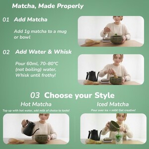 May include: A step-by-step guide to making matcha tea. The image shows the process, including adding 1g of matcha to a mug, whisking with 60ml of 158-176&deg;F water, and choosing a style: hot or iced matcha. Text on the image reads "Matcha, Made Properly."