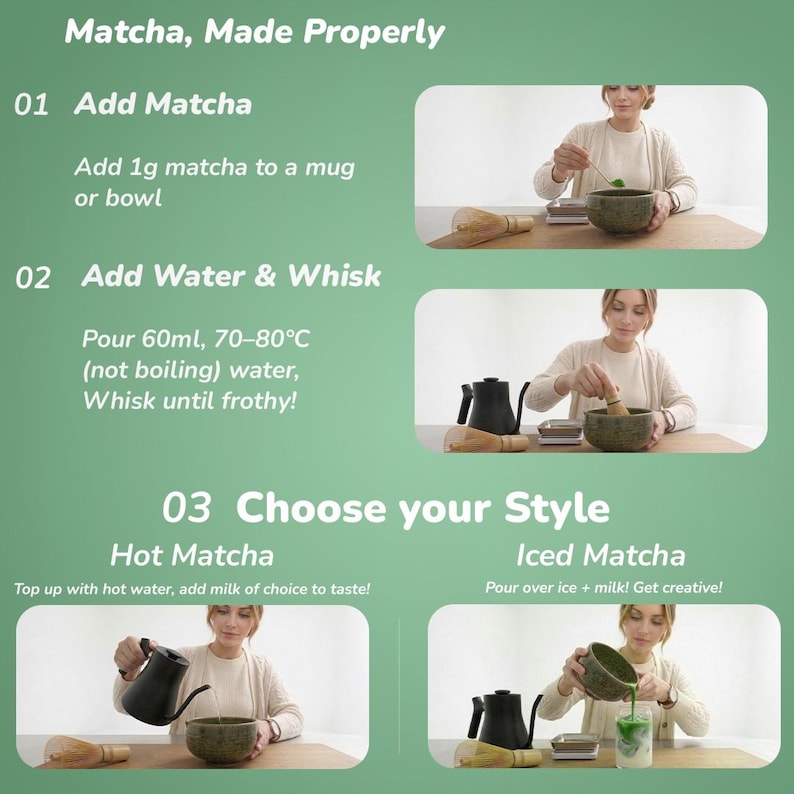 May include: A step-by-step guide to making matcha tea. The image shows the process, including adding 1g of matcha to a mug, whisking with 60ml of 158-176&deg;F water, and choosing a style: hot or iced matcha. Text on the image reads "Matcha, Made Properly."