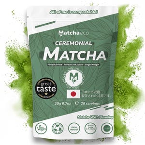 May include: A white and green Matchaeco Ceremonial Matcha package. The package features the text "MATCHA" in large white letters, and includes the text "First Harvest - Product Of Japan - Single Origin". The package also includes the text "20g 0.7oz e 20 servings".