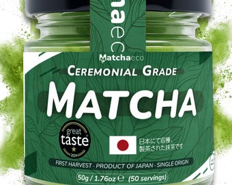 Té verde Matcha en polvo Matchaeco (tarro de 50 g) / Matcha de grado ceremonial auténtico japonés molido en piedra / Origen único de primera cosecha