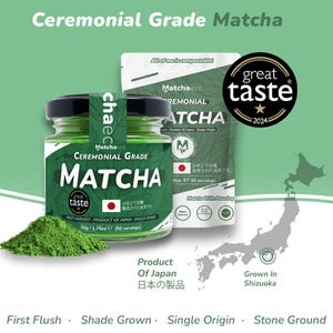 May include: A jar and a pouch of ceremonial grade matcha powder. The jar has a black lid and a green label with the word "MATCHA" in large white letters. The pouch is white with green accents. The text "Product of Japan" is visible.