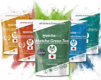 Matchaeco Mix 'n' Matcha / Paquete de degustación de 5 sabores de matcha / 5 bolsitas compostables de 30 g